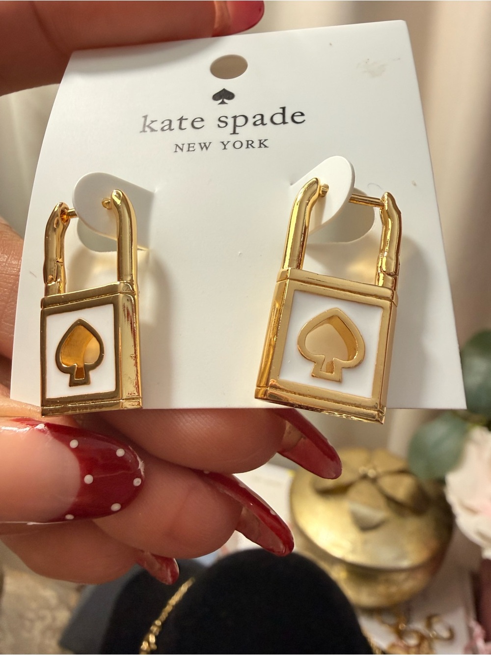 kate spade Gold and White Spade Padlock Earrings